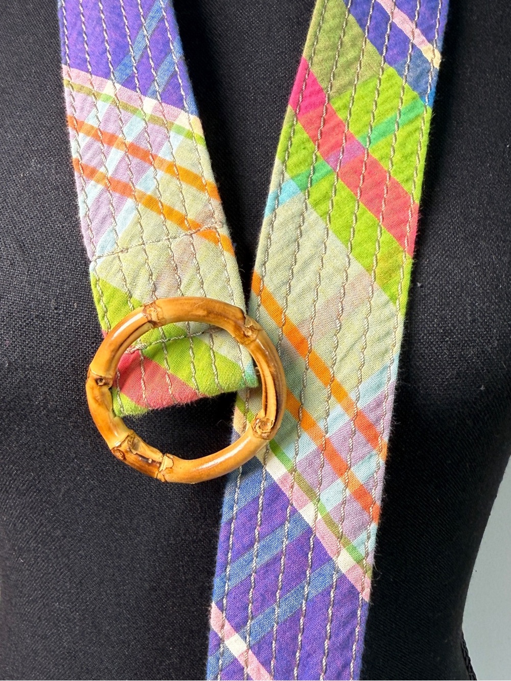 Vintage Quilted Madras Plaid Belt | Bamboo Ring Buckle | Multicolor | S/M/L - Picture 5 of 7